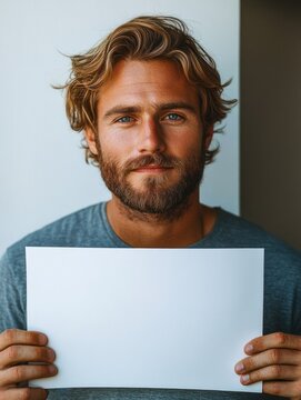 Young person with tousled hair and blurred face holding a blank white sign against a neutral background, conveying anonymity and mystery