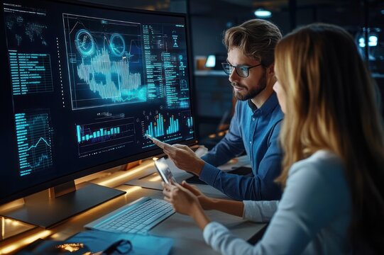 Two focused colleagues collaborating in a dim modern office, analyzing blue data visualizations, charts and dashboards on a large monitor while using mobile devices