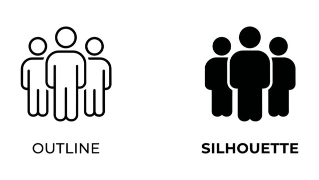 Team Iconography: Two distinct representations of a group of people, one in an outline style and the other as a solid silhouette, signifying team dynamics and unity.