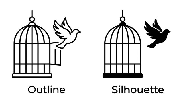 Bird Escaping Cage: Two stylized depictions of a bird escaping its cage, one in outline and the other as a silhouette, symbolizing freedom and release from confinement.