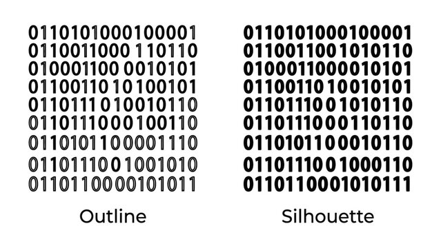 Binary Code Comparison: Two distinct sets of binary code labeled 'Outline' and 'Silhouette' displayed side-by-side, representing digital information and data comparison.