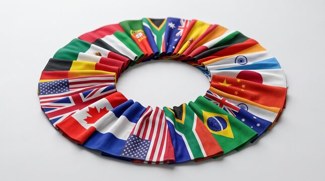 Flags of various nations are arranged in a neat circle on a smooth white background, representing global unity and international cooperation.