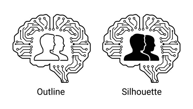 Artificial Intelligence Brain: An abstract representation of artificial intelligence featuring a brain outline with intricate circuit board patterns and two human profiles.