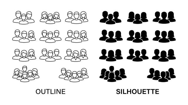 Team Representation: A visual comparison of outline and silhouette icons depicting groups of people, representing diverse populations and demographics.