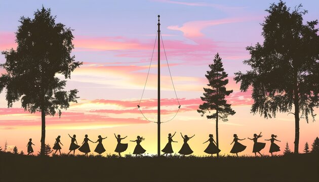 Silhouette flat vector of dancers around maypole at golden hour sunset celebrating midsummer festival