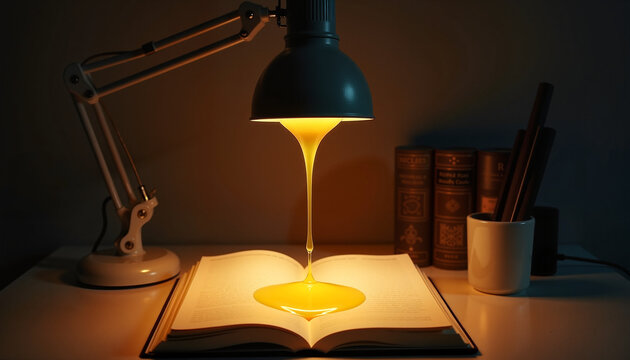 A desk lamp pours warm light resembling honey onto an open book, creating an inviting atmosphere for reading and study at night, with copy space