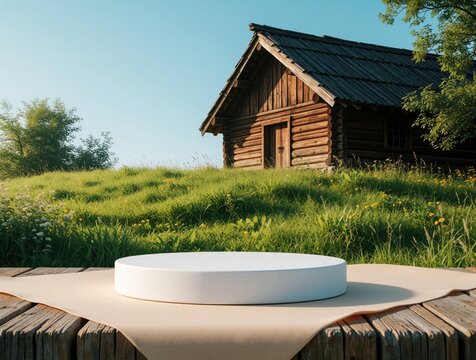 White round display stand on wooden planks with paper backdrop. Rustic log cabin and green grass hill behind. Sunny day, clear blue sky with sun light.