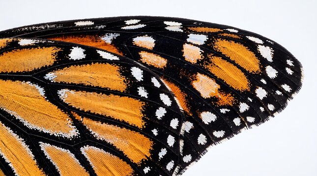 Macro closeup of monarch butterfly wing texture showcasing intricate black veins and orange scales with butterfly wildlife entomology creature migration gardening pollinator research specimen
