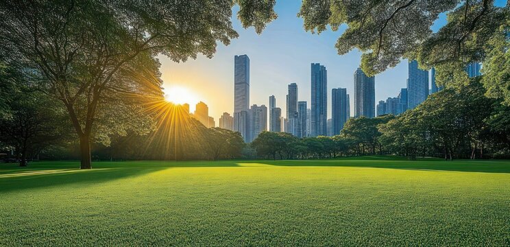 sunrise over modern city skyline seen from a lush green park with manicured lawn and tree canopy creating a serene peaceful atmosphere