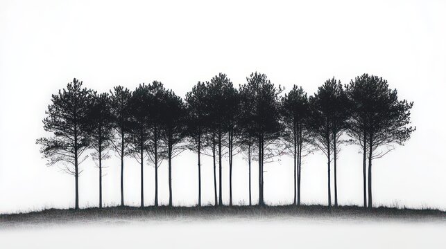 row of tall pine trees silhouetted on a grassy ridge with a faint reflection against a minimalist white sky, calm and tranquil