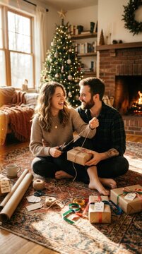 Winter domestic joy: look forward, anticipation feel, prepare gift, happy celebration, New Year, 2027 date, laugh partner, wrap package, cozy fireplace, decorate tree, festive home.