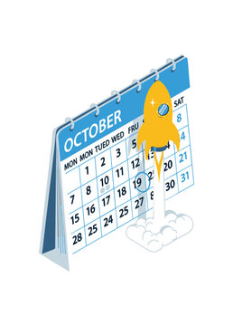Isometric calendar for October with a launching rocket ship icon representing project deadline or launch date.