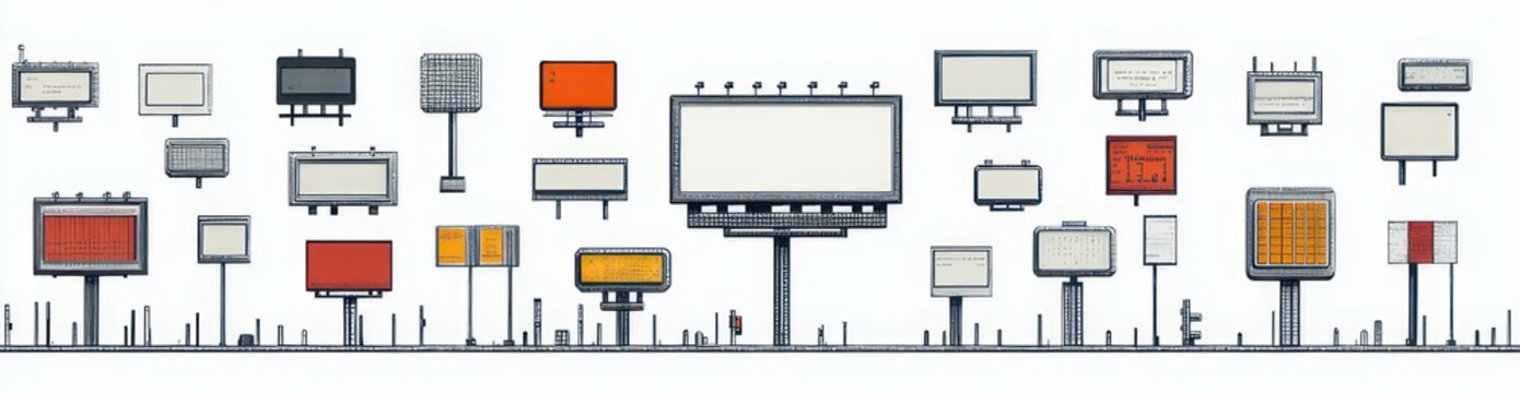 long row of varied empty billboards and signs on poles across a sparse skyline, minimalist scene evoking isolation and quiet
