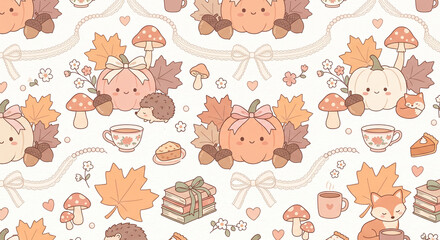 Obraz premium Cute Seamless Autumn Pattern with Pumpkins, Foxes, Hedgehogs, Mushrooms, Maple Leaves, Acorns, Tea, Books and Floral Bows