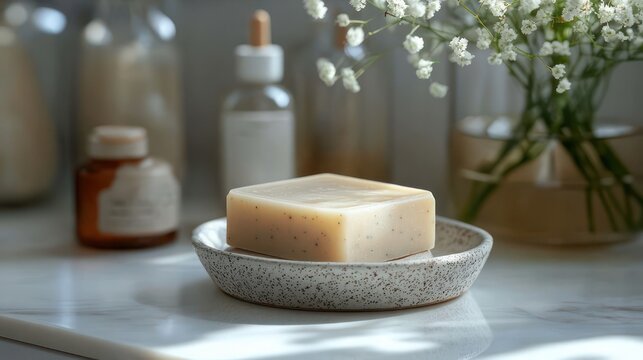 Speckled bar soap on a ceramic dish on a marble countertop with glass bottles, dropper and delicate baby's breath in soft natural light, creating a calm serene spa mood