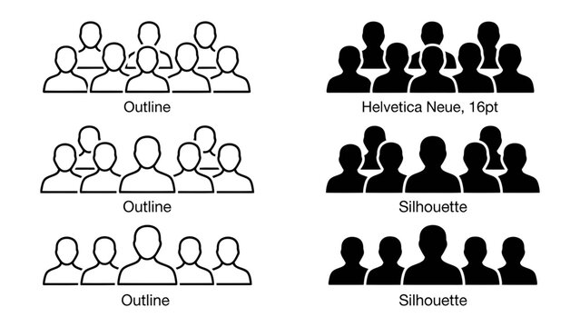 Icons of People Groups: A visual representation of human figures presented in both outline and silhouette forms, demonstrating variations in style and detail for representing groups.