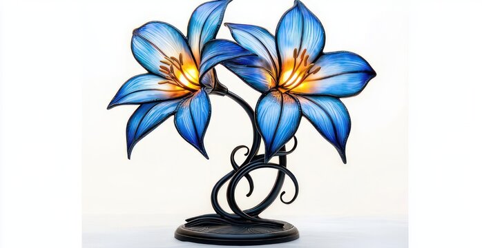 Two blue stained glass flowers with glowing yellow centers on ornate black metal swirling stems and round base, elegant warm ambient glow, serene decorative lamp