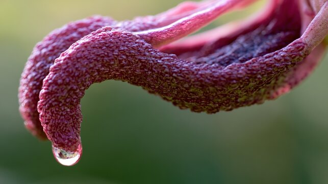 secretion. Extreme close-up of a flower's nectary with a single glistening droplet of nectar. gardening catalogs, home-decor guides, designed for home decor and floral branding.