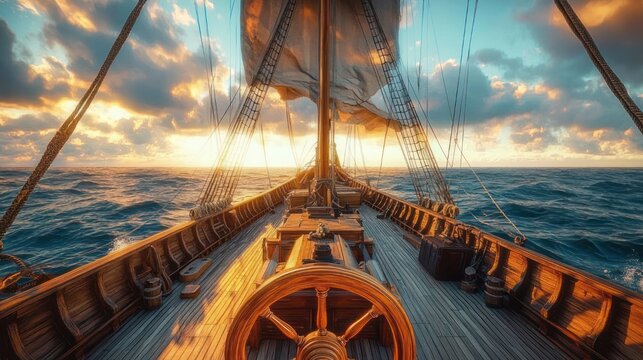 view from a wooden sailing ship deck toward glowing golden horizon with billowing sail and ship wheel, evoking calm adventure and freedom on open sea