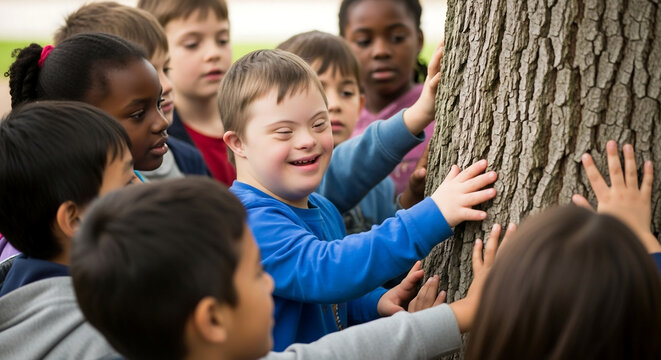 A diverse group of elementary school children, including a boy with Down syndrome, happily touching and exploring the bark of a large tree outdoors.