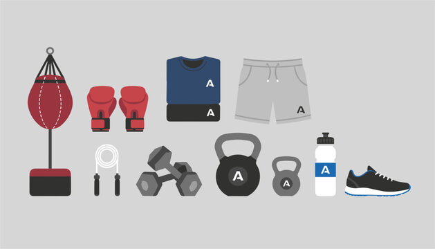 High-quality collection of workout gear including boxing gloves, punching bag, dumbbells, kettlebells, and running shoe.