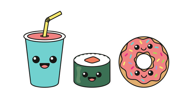 Adorable trio of cute cartoon fast food characters featuring a soft drink, a sushi roll, and a pink glazed donut.