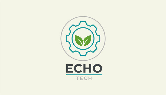 Eco tech logo design features a clean gear symbol enclosing two fresh green leaves to represent green engineering.