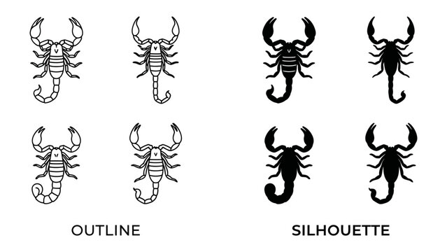 Scorpion Iconography: A set of graphic illustrations showcasing scorpion symbols in both outline and silhouette forms, representing power and the arachnid creature.