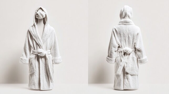 White bathrobe front and back, simple setup on a clean, bright background