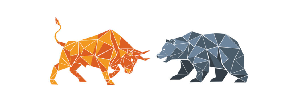Low poly geometric illustration of a bull and a bear facing each other.