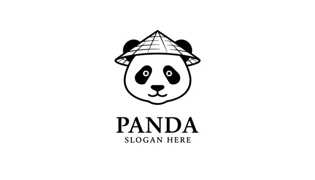 Minimalist black and white panda head logo wearing a traditional Asian conical straw hat, perfect for a brand design.