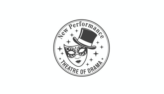 Theatre of drama logo badge design featuring a carnival mask and a black top hat surrounded by sparkling stars.