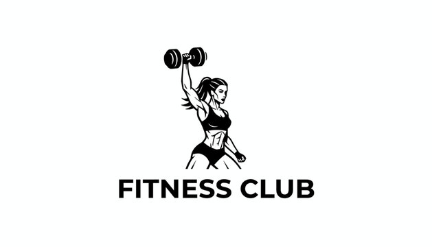 Muscular athletic woman lifting a heavy dumbbell overhead in a black and white minimalist logo design for a fitness club.