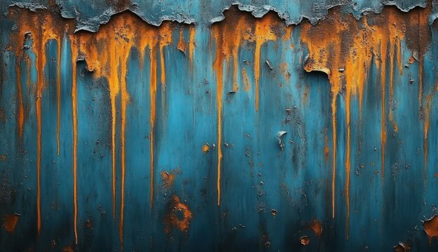 peeling turquoise metal panel with rust-orange drips, flaking paint and textured corrosion, dramatic gritty decay evoking aged melancholy