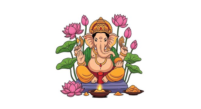 Lord Ganesha seated amidst lotus flowers, traditional Indian deity illustration for Ganesh Chaturthi celebrations and Hindu festivals.