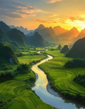 Golden sunset over winding river through lush terraced rice fields and dramatic karst mountains, a serene tranquil valley bathed in warm light
