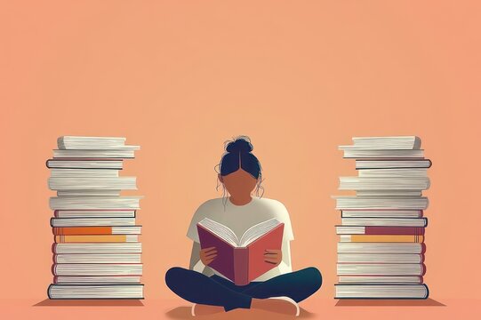 person sitting cross-legged reading an open book between two tall stacks of books with a calm focused mood on a warm peach background