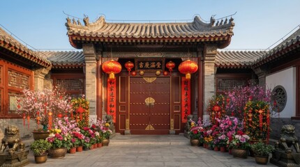 Fototapeta premium Traditional Chinese courtyard entrance decorated for Lunar New Year celebration
