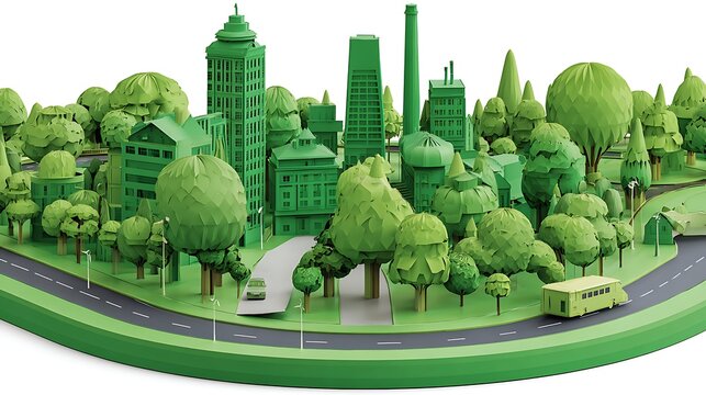 Green city park with skyscrapers and geometric trees in a circular frame tower building