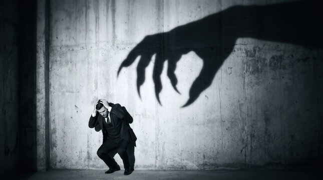 Businessman in a suit crouching in fear with a large monstrous claw shadow looming over him