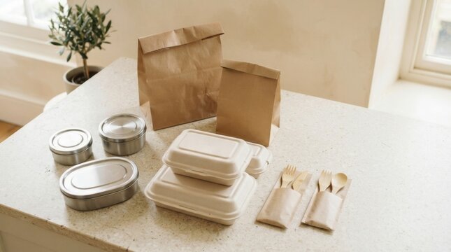Sustainable food packaging and reusable containers arranged on a countertop