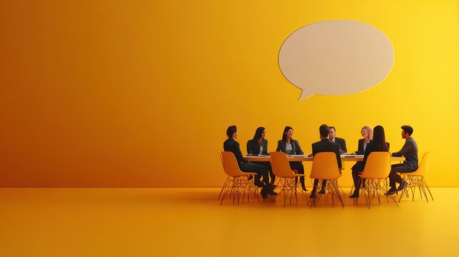 engaged team of professionals seated around a round table in a bright yellow meeting room with laptops and a large speech bubble expressing active discussion