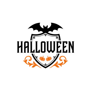 Halloween badge logo with a black bat and decorative orange flourish elements