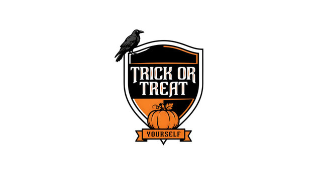 Halloween trick or treat emblem with a black crow and a pumpkin illustration