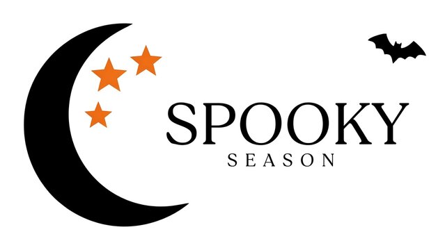 Spooky season typography design with crescent moon stars and a flying bat for halloween
