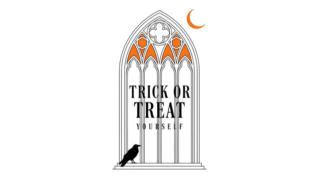 Gothic arch window design with trick or treat text and a black raven for halloween
