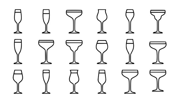Set of minimalist line art wine glass and champagne flute icons vector illustration outline style with champagne beverage stemware restaurant collection illustration cocktail