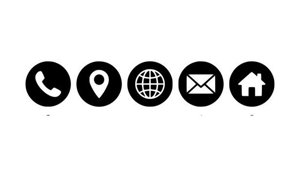 Minimalist round contact and communication icon set with telephone location internet mail and house symbols for business website cards
