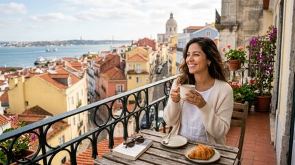 Fototapeta premium Woman enjoying coffee and croissant on a balcony overlooking Lisbon rooftops