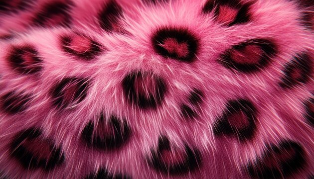 close-up of soft pink plush fur with dark leopard spots, playful cozy textured pattern